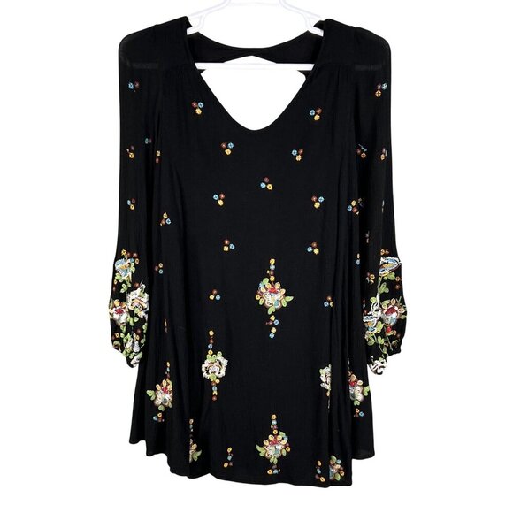 Free People Womens S Boho Floral Embroidered Oxford Black Mini Swing Dress - Picture 8 of 16